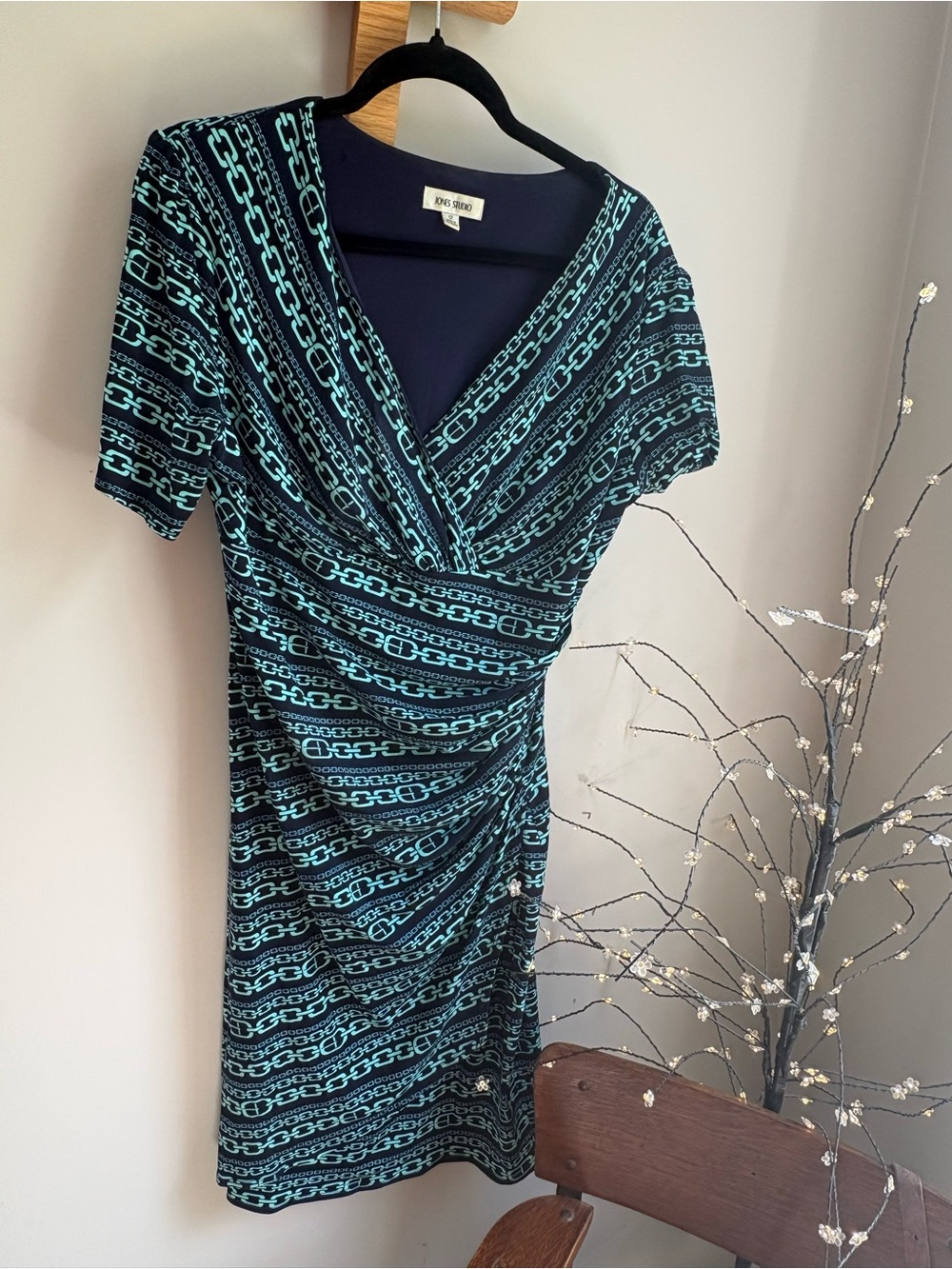 Jones Studio Teal & Black Chain-Print Faux-Wrap Dress- flattering!
